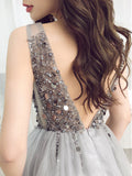 Niulatu A-line V-neck Tulle Beading Backless Prom Homecoming HZ1007