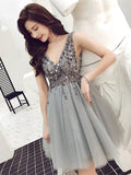 Niulatu A-line V-neck Tulle Beading Backless Prom Homecoming HZ1007
