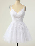 Niulatu A-line V-neck Tulle Lace Backless Prom Dress white Homecoming HZ1007