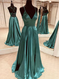 Niulatu A Line V Neck Satin Backless Long Prom Formal Graduation Evening HZ1007
