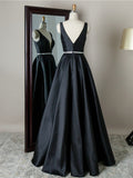 Niulatu Long A-line V-neck Backless Satin Prom Dress Black Formal Graduation Evening HZ1007