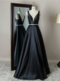 Niulatu Long A-line V-neck Backless Satin Prom Dress Black Formal Graduation Evening HZ1007