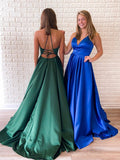 Niulatu Long A Line V Neck Satin Backless Prom Formal Graduation Evening HZ1007