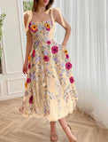 Elegant A-Line Corsets Dress Wedding Guest Summer Tea Length Sleeveless Prom Dress Scoop Neck Bridesmaid Dress Tulle with Appliques HZ1214