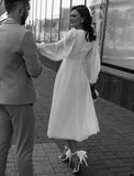 Niulatu Little White Dresses Wedding Dresses A-Line V Neck Long Sleeve Ankle Length Chiffon Bridal Gowns With Solid HZ1007