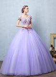 Niulatu purple tulle lace long prom dress, sweet 16 dress HZ0113