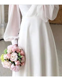 Niulatu Little White Dresses Wedding Dresses A-Line V Neck Long Sleeve Ankle Length Chiffon Bridal Gowns With Solid HZ1007
