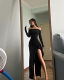 Niulatu Sheath Off The Shoulder Black Long Prom Dresses Evening Dress With Slit HZ1110