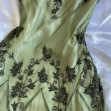 Niulatu A Line Spaghetti Straps Green Tea Length Prom Dresses Evening Dress HZ1110