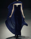 Niulatu Sheath Strapless Navy Blue Beads Velvet Prom Dresses Long Evening Dress HZ1110