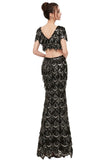 Niulatu Mermaid V-neck Short Sleeves Long Sequined Black Prom HZ1007