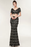 Niulatu Mermaid V-neck Short Sleeves Long Sequined Black Prom HZ1007