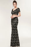 Niulatu Mermaid V-neck Short Sleeves Long Sequined Black Prom HZ1007