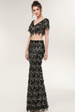 Niulatu Mermaid V-neck Short Sleeves Long Sequined Black Prom HZ1007