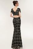 Niulatu Mermaid V-neck Short Sleeves Long Sequined Black Prom HZ1007