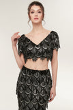 Niulatu Mermaid V-neck Short Sleeves Long Sequined Black Prom HZ1007