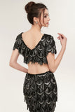 Niulatu Mermaid V-neck Short Sleeves Long Sequined Black Prom HZ1007
