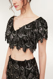 Niulatu Mermaid V-neck Short Sleeves Long Sequined Black Prom HZ1007