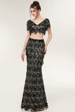 Niulatu Mermaid V-neck Short Sleeves Long Sequined Black Prom HZ1007