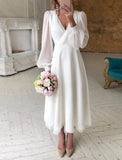 Niulatu Little White Dresses Wedding Dresses A-Line V Neck Long Sleeve Ankle Length Chiffon Bridal Gowns With Solid HZ1007