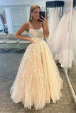 Niulatu Spaghetti Straps A-Line Lace Appliques Tulle Long Prom Dress HZ0113