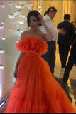 Niulatu Ruffles Tulle Evening Party Dresses Strapless Tiered Long Prom Dresses HZ0113
