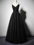 Niulatu A-line V Neck Long Prom Dresses Black Formal Evening HZ1007