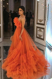 Niulatu Ruffles Tulle Evening Party Dresses Strapless Tiered Long Prom Dresses HZ0113