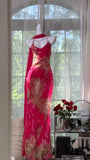 Niulatu Mermaid Spaghetti Strap Pink Print Floral Chiffon Prom Dress Wedding Guest Dress HZ0113
