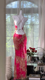 Niulatu Mermaid Spaghetti Strap Pink Print Floral Chiffon Prom Dress Wedding Guest Dress HZ0113