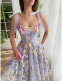 Elegant A-Line Corsets Dress Wedding Guest Summer Tea Length Sleeveless Prom Dress Scoop Neck Bridesmaid Dress Tulle with Appliques HZ1214